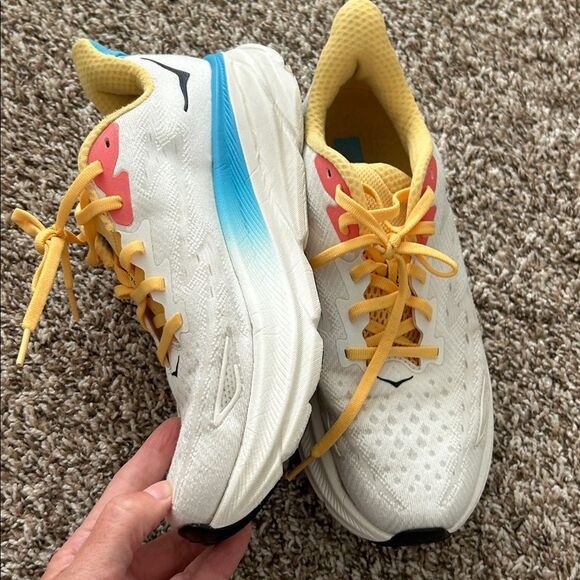 Hoka One One Clifton 9 White and Yellow Athletic Shoes - Picture 2 of 15